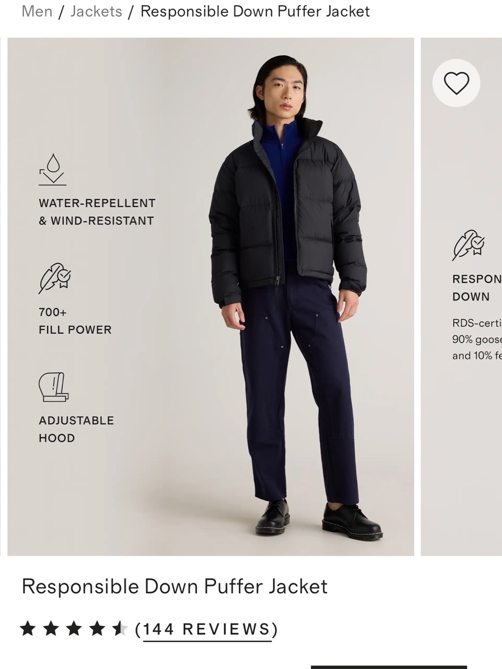 NWT Quince Men's Black Responsible Down Puffer Jacket $175 retail